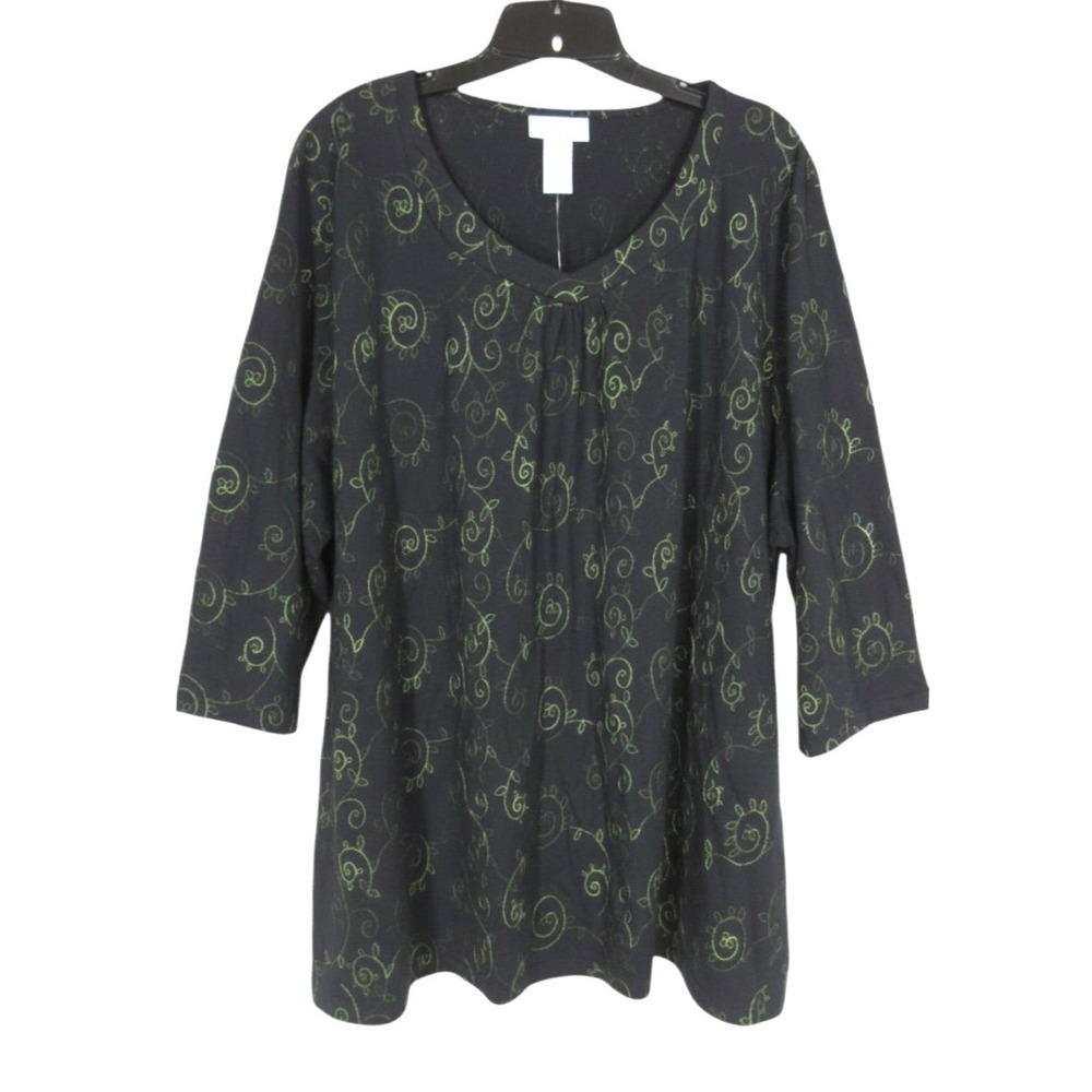 NWT LIZ & ME Black w/GREEN FLORAL EMBROIDERED Twill PLEATED FRONT Blouse/Top 2X